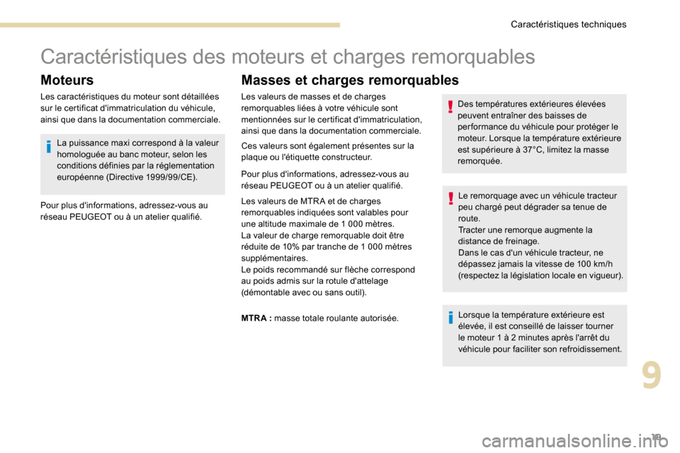 Peugeot 3008 Hybrid 4 2017  Manuel du propriétaire (in French) 19
Caractéristiques des moteurs et charges remorquables
Moteurs
Les caractéristiques du moteur sont détaillées 
sur le certificat dimmatriculation du véhicule, 
ainsi que dans la documentation c
