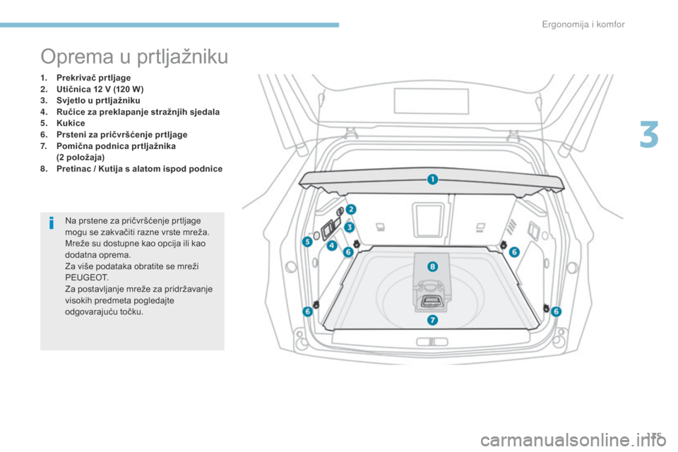 Peugeot 3008 Hybrid 4 2017  Vodič za korisnike (in Croatian) 135
3008-2_hr_Chap03_ergonomie-et-confort_ed01-2016
Oprema u prtljažniku
1. Prekrivač prtljage
2. Utičnica 12 V (120 W)
3.
 S

vjetlo u pr tljažniku
4.
 R

učice za preklapanje stražnjih sjedala