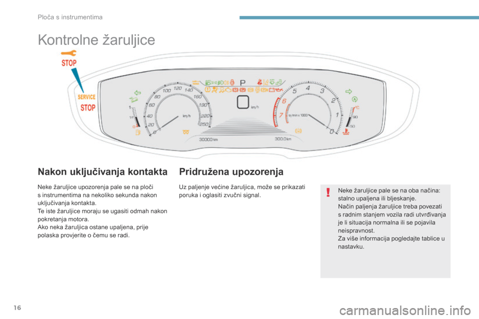 Peugeot 3008 Hybrid 4 2017  Vodič za korisnike (in Croatian) 16
3008-2_hr_Chap01_instruments-de-bord_ed01-2016
Kontrolne žaruljice
Nakon uključivanja kontakta
Neke žaruljice upozorenja pale se na ploči 
s instrumentima na nekoliko sekunda nakon 
uključivan