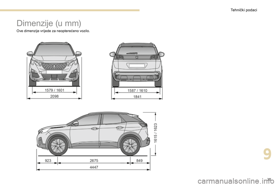 Peugeot 3008 Hybrid 4 2017  Vodič za korisnike (in Croatian) 23
Dimenzije (u mm)
Ove dimenzije vrijede za neopterećeno vozilo.
9 
Tehnički podaci  