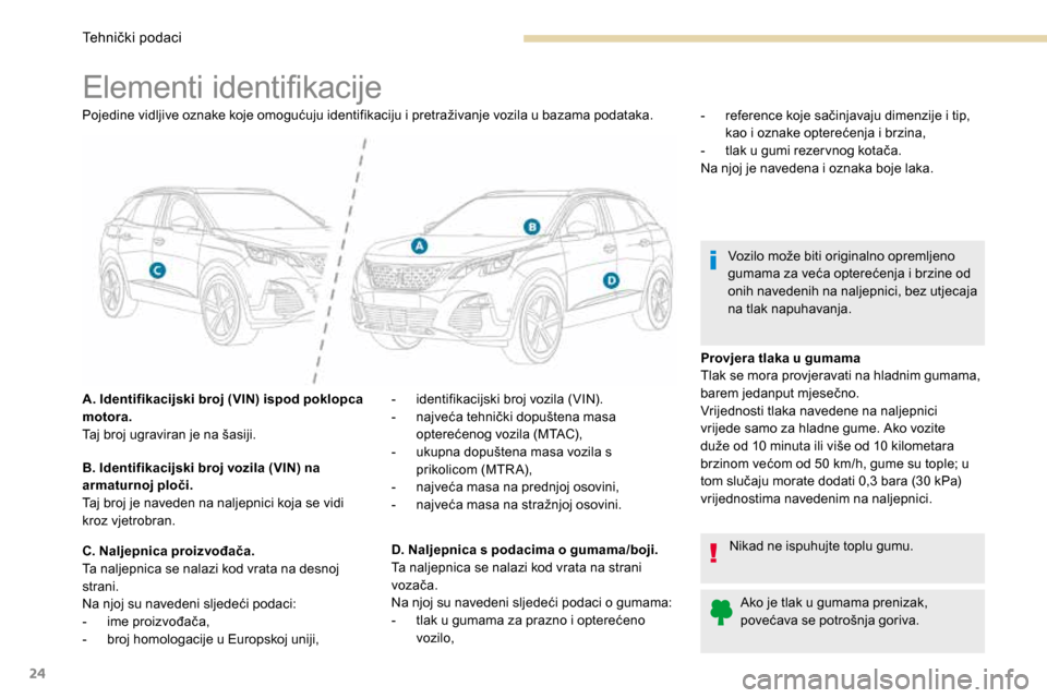 Peugeot 3008 Hybrid 4 2017  Vodič za korisnike (in Croatian) 24
Elementi identifikacije
Pojedine vidljive oznake koje omogućuju identifikaciju i pretraživanje vozila u bazama podataka.
A. Identifikacijski broj (VIN) ispod poklopca 
motora.
Taj broj ugraviran 