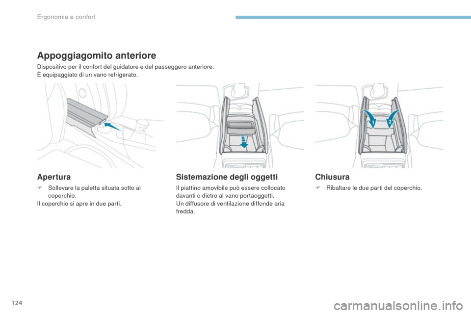 Peugeot 3008 Hybrid 4 2017  Manuale del proprietario (in Italian) 124
3008-2_it_Chap03_ergonomie-et-confort_ed01-2016
Appoggiagomito anteriore
Dispositivo per il confort del guidatore e del passeggero anteriore.
È equipaggiato di un vano refrigerato.
Apertura
F Sol