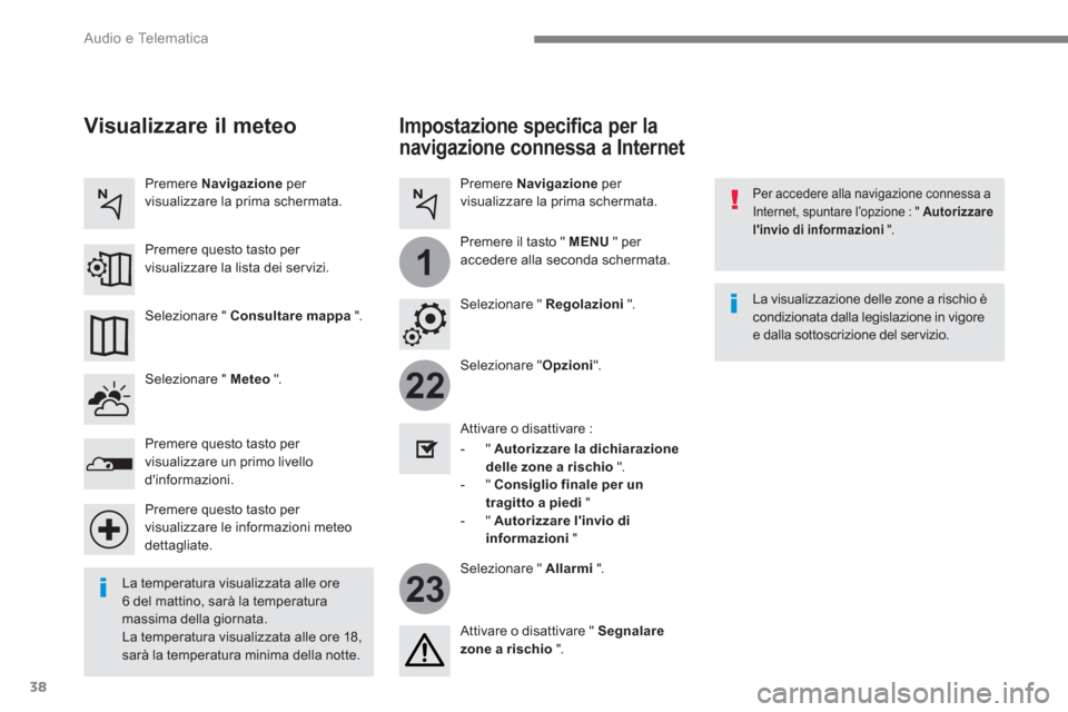 Peugeot 3008 Hybrid 4 2017  Manuale del proprietario (in Italian) 38
22
23
1
  Audio e Telematica 
 
 
Impostazione specifica per la 
navigazione connessa a Internet 
   
Per accedere alla navigazione connessa a 
Internet, spuntare l’opzione : "  Autorizzare 
lin