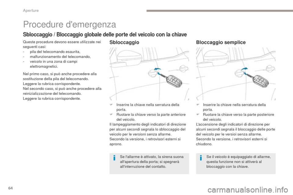 Peugeot 3008 Hybrid 4 2017 Manuale del proprietario (in Italian) 64
3008-2_it_Chap02_ouvertures_ed01-2016
Procedure demergenza
Queste procedure devono essere utilizzate nei
seguenti casi:
-
p
ila del telecomando esaurita,
-
ma
lfunzionamento del telecomando,
Peugeot 3008 Hybrid 4 2017 Manuale del proprietario (in Italian) 64
3008-2_it_Chap02_ouvertures_ed01-2016
Procedure demergenza
Queste procedure devono essere utilizzate nei
seguenti casi:
-
p
ila del telecomando esaurita,
-
ma
lfunzionamento del telecomando,