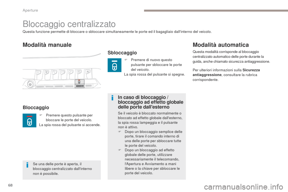 Peugeot 3008 Hybrid 4 2017 Manuale del proprietario (in Italian) 68
3008-2_it_Chap02_ouvertures_ed01-2016
Bloccaggio centralizzato
Modalità manuale
Sbloccaggio
Questa funzione permette di bloccare o sbloccare simultaneamente le porte ed il bagagliaio dallinterno Peugeot 3008 Hybrid 4 2017 Manuale del proprietario (in Italian) 68
3008-2_it_Chap02_ouvertures_ed01-2016
Bloccaggio centralizzato
Modalità manuale
Sbloccaggio
Questa funzione permette di bloccare o sbloccare simultaneamente le porte ed il bagagliaio dallinterno