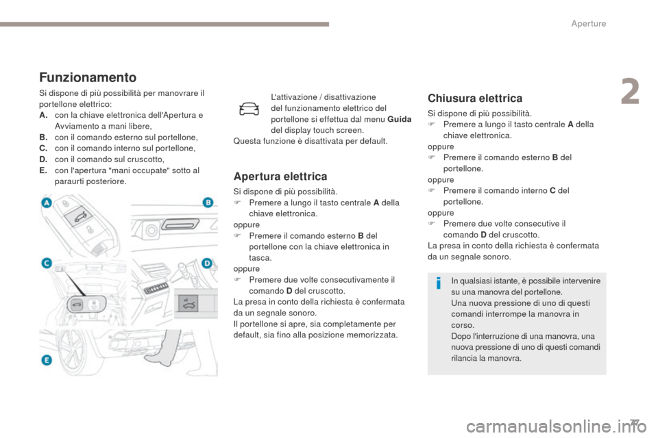 Peugeot 3008 Hybrid 4 2017 Manuale del proprietario (in Italian) 77
3008-2_it_Chap02_ouvertures_ed01-2016
Funzionamento
Si dispone di più possibilità per manovrare il
portellone elettrico:
A.
c
on la chiave elettronica dellApertura e
Avviamento a mani libere, Peugeot 3008 Hybrid 4 2017 Manuale del proprietario (in Italian) 77
3008-2_it_Chap02_ouvertures_ed01-2016
Funzionamento
Si dispone di più possibilità per manovrare il
portellone elettrico:
A.
c
on la chiave elettronica dellApertura e
Avviamento a mani libere,