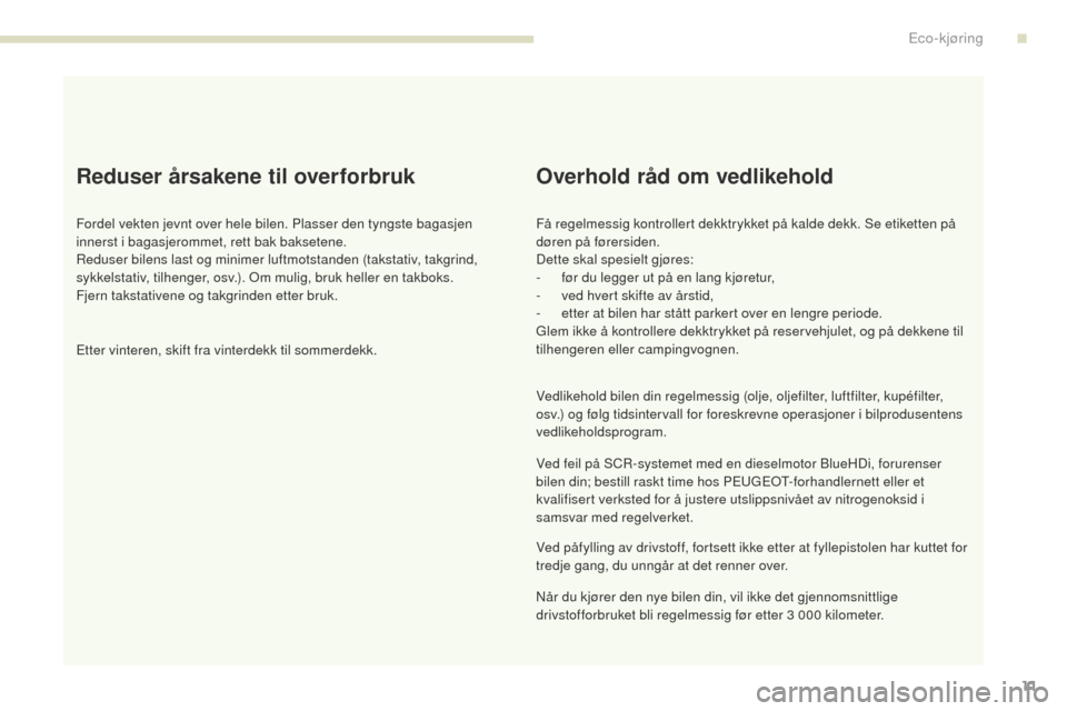 Peugeot 3008 Hybrid 4 2017 Brukerhåndbok (in Norwegian) 3008-2_no_Chap00c_eco-conduite_ed01-2016
11
Reduser årsakene til overforbruk
Fordel vekten jevnt over hele bilen. Plasser den tyngste bagasjen
innerst i bagasjerommet, rett bak baksetene.
Reduser bi Peugeot 3008 Hybrid 4 2017 Brukerhåndbok (in Norwegian) 3008-2_no_Chap00c_eco-conduite_ed01-2016
11
Reduser årsakene til overforbruk
Fordel vekten jevnt over hele bilen. Plasser den tyngste bagasjen
innerst i bagasjerommet, rett bak baksetene.
Reduser bi