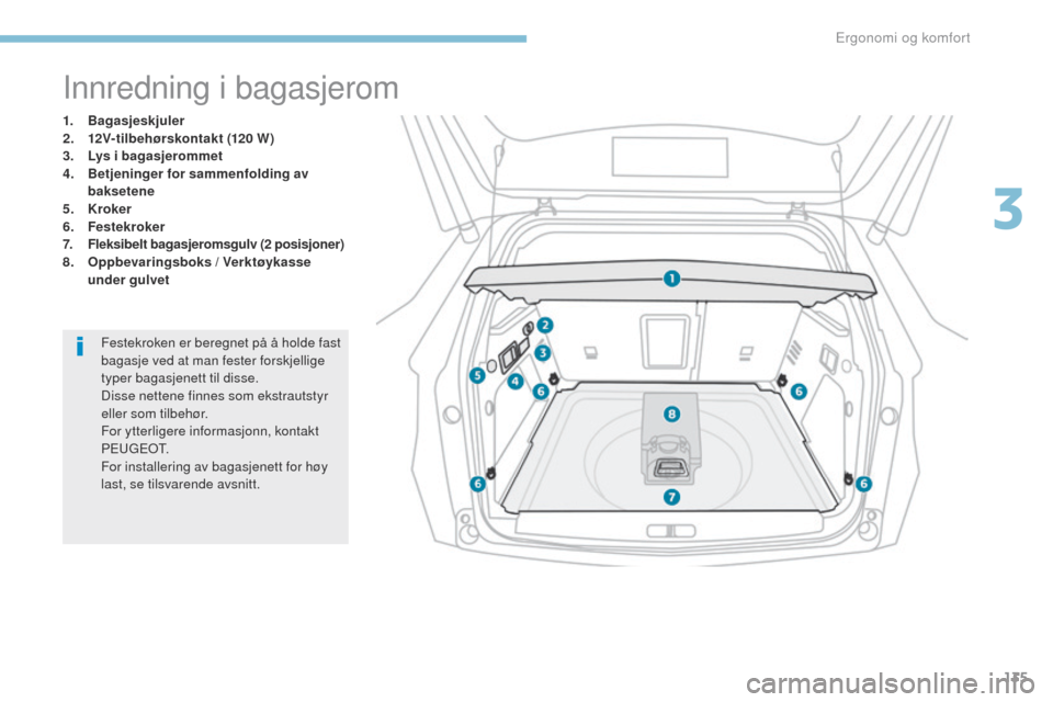 Peugeot 3008 Hybrid 4 2017  Brukerhåndbok (in Norwegian) 135
3008-2_no_Chap03_ergonomie-et-confort_ed01-2016
Innredning i bagasjerom
1. Bagasjeskjuler
2. 12V-tilbehørskontakt  (120 W )
3.
 L

ys i bagasjerommet
4.
 B

etjeninger for sammenfolding av 
bakse