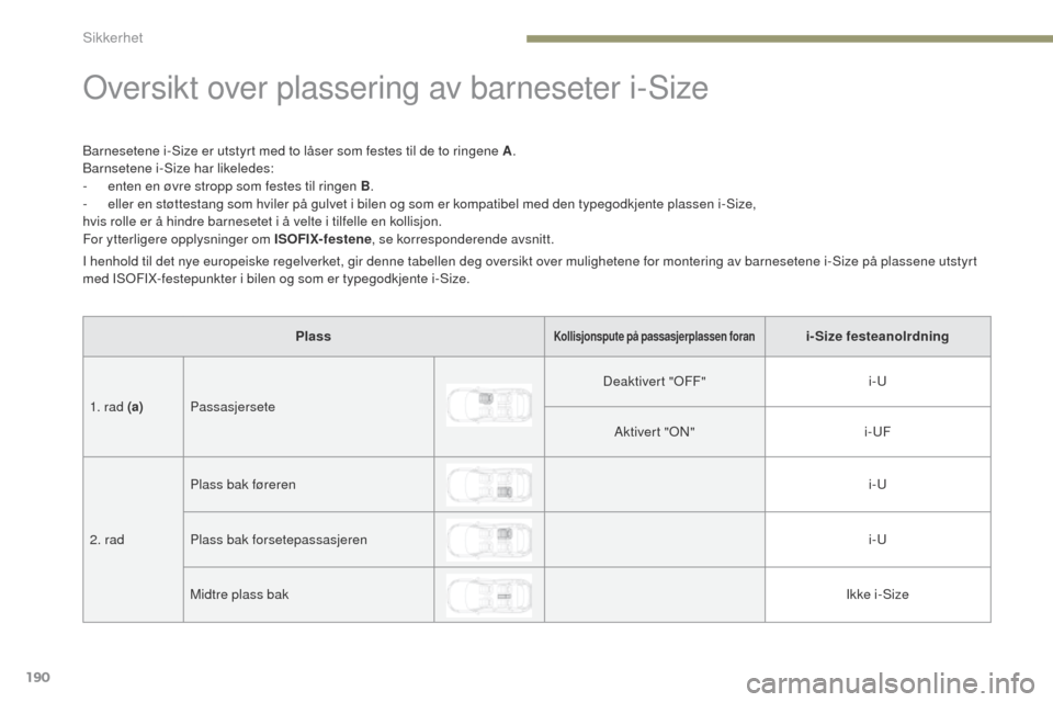 Peugeot 3008 Hybrid 4 2017  Brukerhåndbok (in Norwegian) 190
3008-2_no_Chap05_securite_ed01-2016
oversikt over plassering av barneseter i-Size
Barnesetene i-Size er utstyrt med to låser som festes til de to ringene A.
Barnsetene i-Size har likeledes:
-
 
e