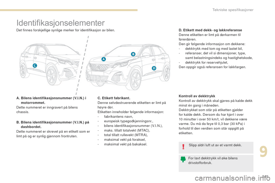 Peugeot 3008 Hybrid 4 2017  Brukerhåndbok (in Norwegian) 345
3008-2_no_Chap09_caracteristiques_ed01-2016
Identifikasjonselementer
A.  Bilens identifikasjonsnummer (V.I.N.) i motorrommet.
Dette nummeret er inngravert på bilens 
chassis. D. Etikett med dekk-