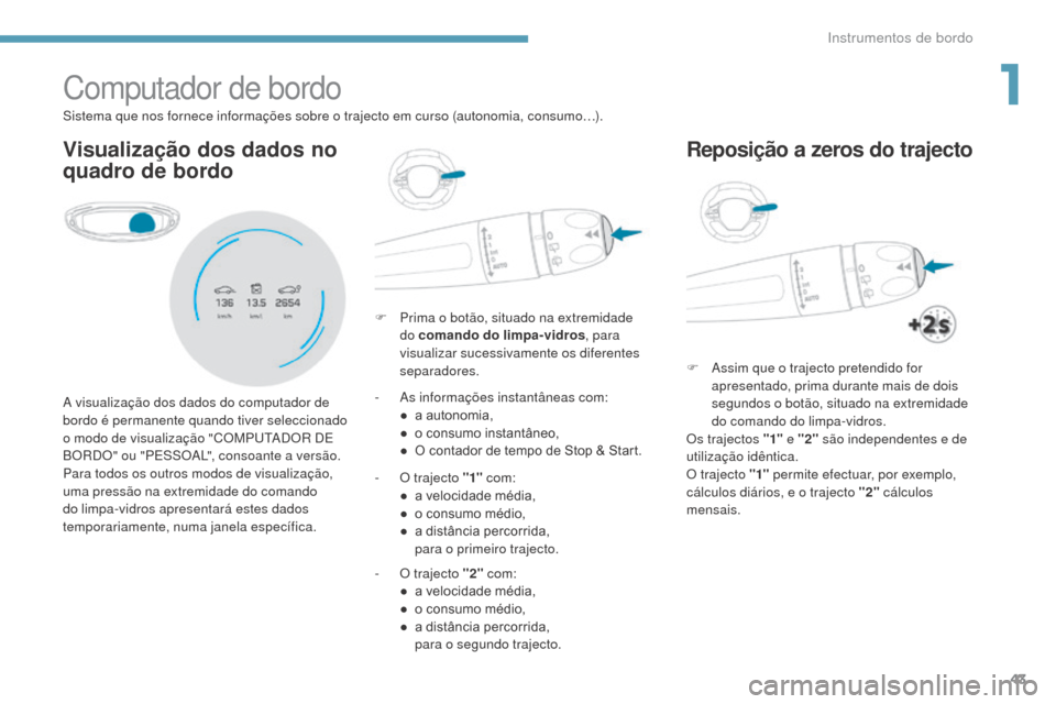 Peugeot 3008 Hybrid 4 2017  Manual do proprietário (in Portuguese) 43
3008-2_pt_Chap01_instruments-de-bord_ed01-2016
Computador de bordo
Visualização dos dados no 
quadro de bordo
F Prima o botão, situado na extremidade do comando do limpa-vidros , para 
visualiza