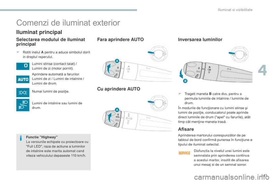 Peugeot 3008 Hybrid 4 2017 Manualul de utilizare (in Romanian) 141
3008-2_ro_Chap04_eclairage-et-visibilite_ed01-2016
Fara aprindere AUTO
Cu aprindere AUTO
F Rotiti inelul A pentru a aduce simbolul dorit in dreptul reperului.
Comenzi de iluminat exterior
Lumini s Peugeot 3008 Hybrid 4 2017 Manualul de utilizare (in Romanian) 141
3008-2_ro_Chap04_eclairage-et-visibilite_ed01-2016
Fara aprindere AUTO
Cu aprindere AUTO
F Rotiti inelul A pentru a aduce simbolul dorit in dreptul reperului.
Comenzi de iluminat exterior
Lumini s