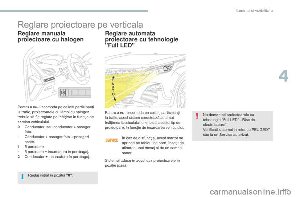 Peugeot 3008 Hybrid 4 2017 Manualul de utilizare (in Romanian) 145
3008-2_ro_Chap04_eclairage-et-visibilite_ed01-2016
Reglare proiectoare pe verticala
Reglare automata
proiectoare cu tehnologie
"Full LED"
Pentru a nu-i incomoda pe ceilalţi participanţi
la tr Peugeot 3008 Hybrid 4 2017 Manualul de utilizare (in Romanian) 145
3008-2_ro_Chap04_eclairage-et-visibilite_ed01-2016
Reglare proiectoare pe verticala
Reglare automata
proiectoare cu tehnologie
"Full LED"
Pentru a nu-i incomoda pe ceilalţi participanţi
la tr