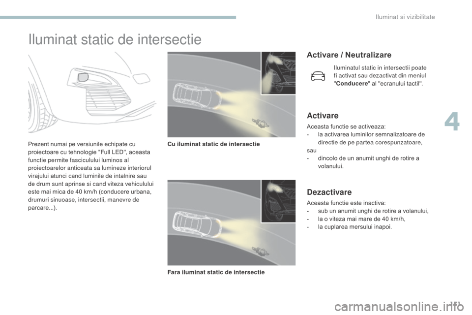 Peugeot 3008 Hybrid 4 2017 Manualul de utilizare (in Romanian) 151
3008-2_ro_Chap04_eclairage-et-visibilite_ed01-2016
Iluminat static de intersectie
Prezent numai pe versiunile echipate cu
proiectoare cu tehnologie "Full LED", aceasta
functie permite fasciculul Peugeot 3008 Hybrid 4 2017 Manualul de utilizare (in Romanian) 151
3008-2_ro_Chap04_eclairage-et-visibilite_ed01-2016
Iluminat static de intersectie
Prezent numai pe versiunile echipate cu
proiectoare cu tehnologie "Full LED", aceasta
functie permite fasciculul