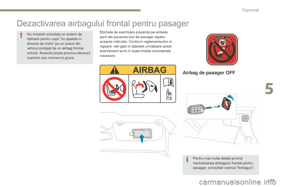 Peugeot 3008 Hybrid 4 2017  Manualul de utilizare (in Romanian) 179
3008-2_ro_Chap05_securite_ed01-2016
Airbag de pasager OFF
Dezactivarea airbagului frontal pentru pasager
Eticheta de avertizare prezenta pe ambele 
parti ale parasolarului de pasager repeta 
aceas