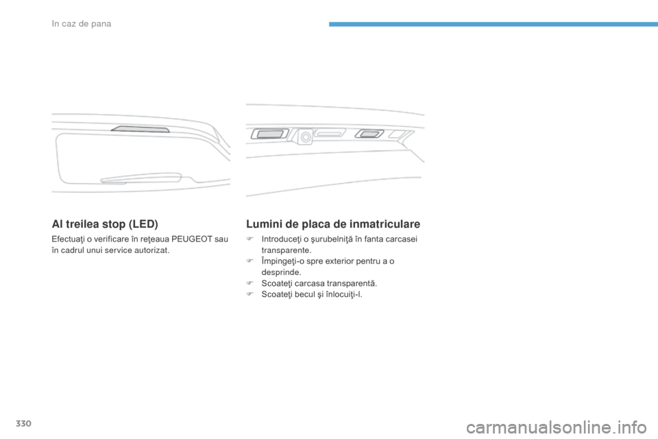 Peugeot 3008 Hybrid 4 2017  Manualul de utilizare (in Romanian) 330
3008-2_ro_Chap08_en cas-de-panne_ed01-2016
Al treilea stop (LED)
Efectuaţi o verificare în reţeaua PEUGEOT sau 
în cadrul unui service autorizat.
Lumini de placa de inmatriculare
F Introduceţ