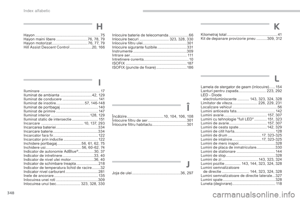Peugeot 3008 Hybrid 4 2017 Manualul de utilizare (in Romanian) 348
3008-2_ro_Chap11_index-alpha_ed01-2016
Inlocuire baterie de telecomanda ...................66
I nlocuire becuri ............................ 323, 328, 330
Inlocuire filtru ulei
............... Peugeot 3008 Hybrid 4 2017 Manualul de utilizare (in Romanian) 348
3008-2_ro_Chap11_index-alpha_ed01-2016
Inlocuire baterie de telecomanda ...................66
I nlocuire becuri ............................ 323, 328, 330
Inlocuire filtru ulei
...............