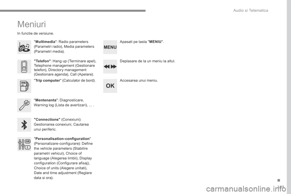 Peugeot 3008 Hybrid 4 2017  Manualul de utilizare (in Romanian) 157
.
 Audio si Telematica 
Transversal-Peugeot_ro_Chap03_RD6_ed01-2016
 Meniuri 
  " Multimedia ": Radio parameters (Parametri radio), Media parameters (Parametri  media).  
In functie de versiune.  