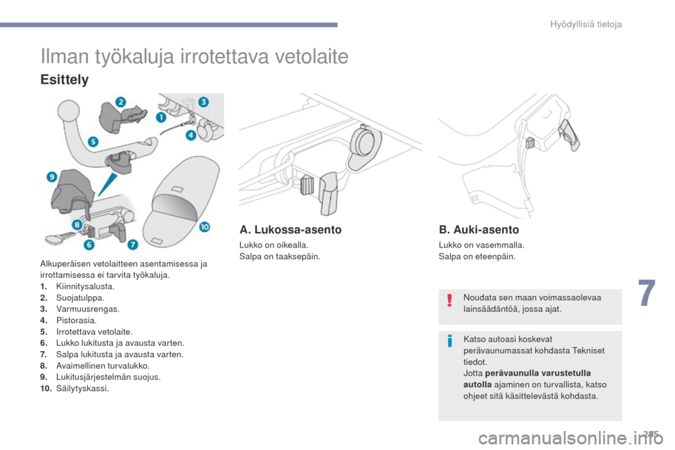 Peugeot 3008 Hybrid 4 2017  Omistajan käsikirja (in Finnish) 285
3008-2_fi_Chap07_infos-pratiques_ed01-2016
Ilman työkaluja irrotettava vetolaite
Esittely
A. Lukossa-asento
Lukko on oikealla.
Salpa on taaksepäin.
B. Auki-asento
Lukko on vasemmalla.
Salpa on e