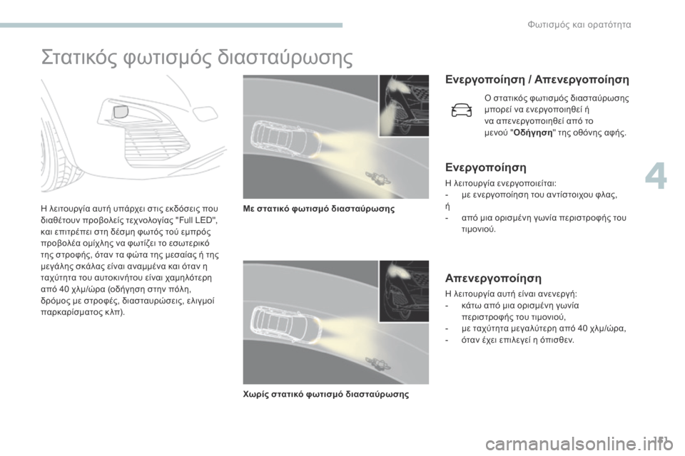 Peugeot 3008 Hybrid 4 2017  Εγχειρίδιο χρήσης (in Greek) 151
3008-2_el_Chap04_eclairage-et-visibilite_ed01-2016
Στατικός φωτισμός διασταύρωσης
Η λειτουργία αυτή υπάρχει στις εκδόσεις που 
δι
