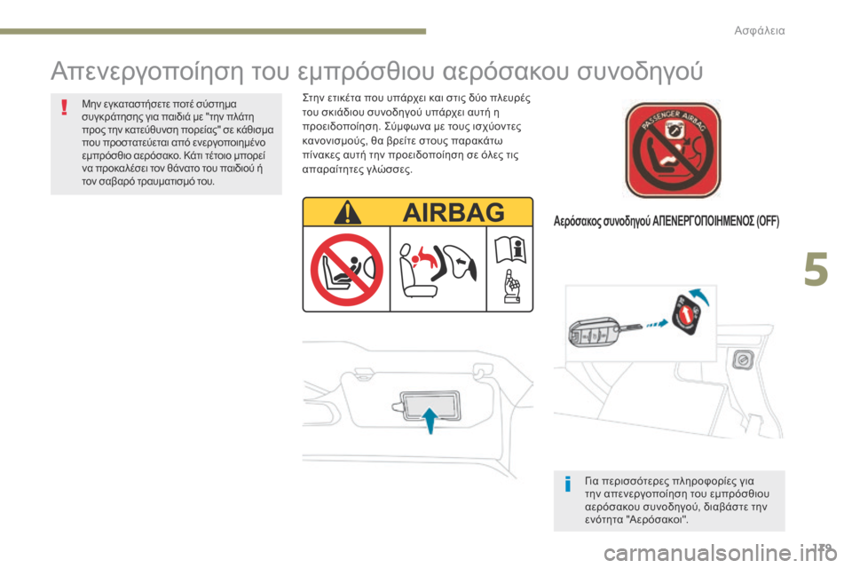 Peugeot 3008 Hybrid 4 2017  Εγχειρίδιο χρήσης (in Greek) 179
3008-2_el_Chap05_securite_ed01-2016
Αερόσακος συνοδηγού ΑΠΕΝΕΡΓΟΠΟΙΗΜΕΝΟΣ (OFF)
Απενεργοποίηση του εμπρόσθιου αερόσακου συ