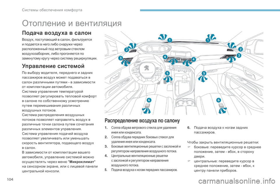 Peugeot 3008 Hybrid 4 2017  Инструкция по эксплуатации (in Russian) 104
3008-2_ru_Chap03_ergonomie-et-confort_ed01-2016
Отопление и вентиляция
Подача воздуха в салон
Воздух, поступающий в салон, фильт