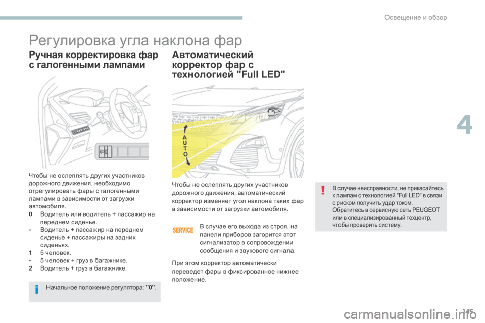 Peugeot 3008 Hybrid 4 2017  Инструкция по эксплуатации (in Russian) 145
3008-2_ru_Chap04_eclairage-et-visibilite_ed01-2016
Регулировка угла наклона фар
Автоматический 
корректор фар с 
технологией "Full LE