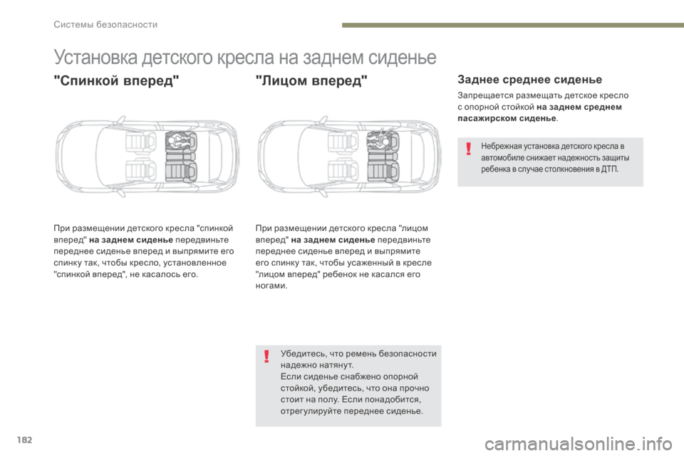 Peugeot 3008 Hybrid 4 2017  Инструкция по эксплуатации (in Russian) 182
3008-2_ru_Chap05_securite_ed01-2016
Установка детского кресла на заднем сиденье
"Спинкой вперед"
При размещении детского к
