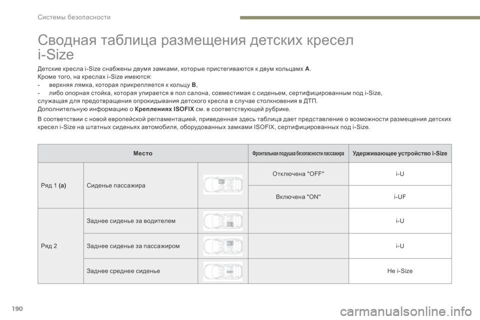Peugeot 3008 Hybrid 4 2017 Инструкция по эксплуатации (in Russian) 190
3008-2_ru_Chap05_securite_ed01-2016
Сводная таблица размещения детских кресел
i-Size
Детские кресла i-Size снабжены двумя замк Peugeot 3008 Hybrid 4 2017 Инструкция по эксплуатации (in Russian) 190
3008-2_ru_Chap05_securite_ed01-2016
Сводная таблица размещения детских кресел
i-Size
Детские кресла i-Size снабжены двумя замк