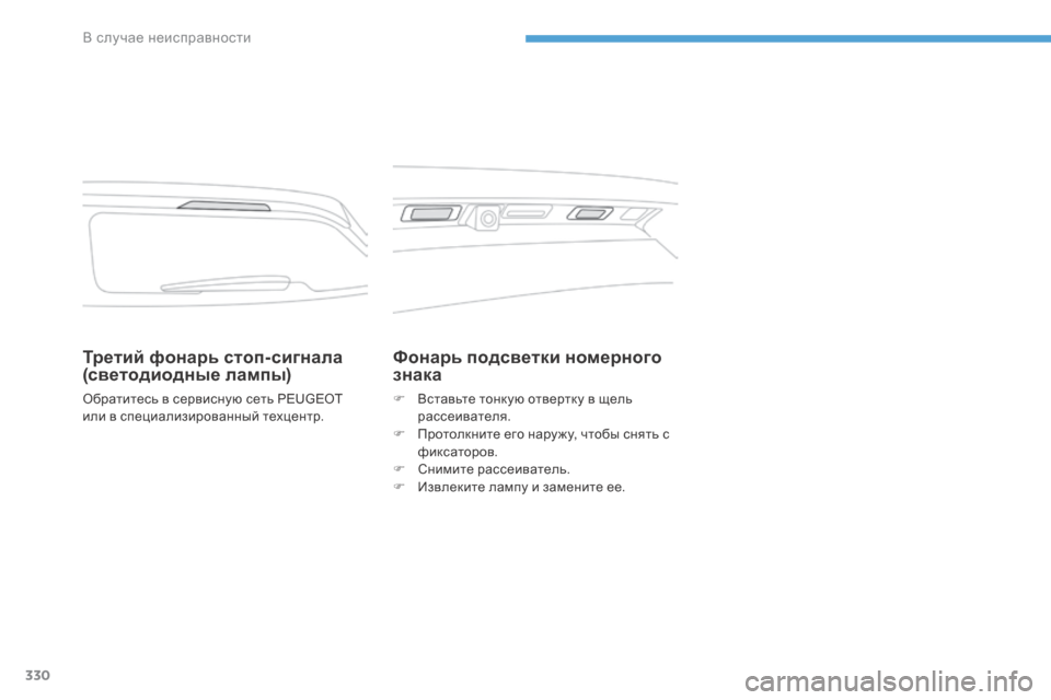 Peugeot 3008 Hybrid 4 2017  Инструкция по эксплуатации (in Russian) 330
3008-2_ru_Chap08_en cas-de-panne_ed01-2016
Третий фонарь стоп- сигнала 
(светодиодные лампы)
Обратитесь в сервисную сеть PEUGEOT 
и