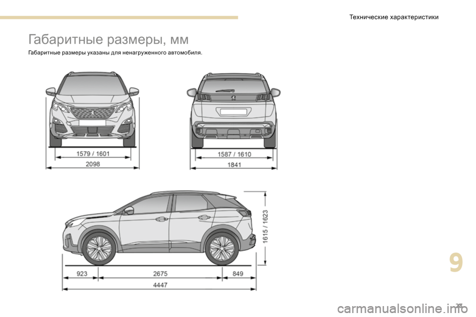 Peugeot 3008 Hybrid 4 2017  Инструкция по эксплуатации (in Russian) 23
Габаритные размеры, мм
Габаритные размеры указаны для ненагру женного автомобиля.
9 
Технические характери