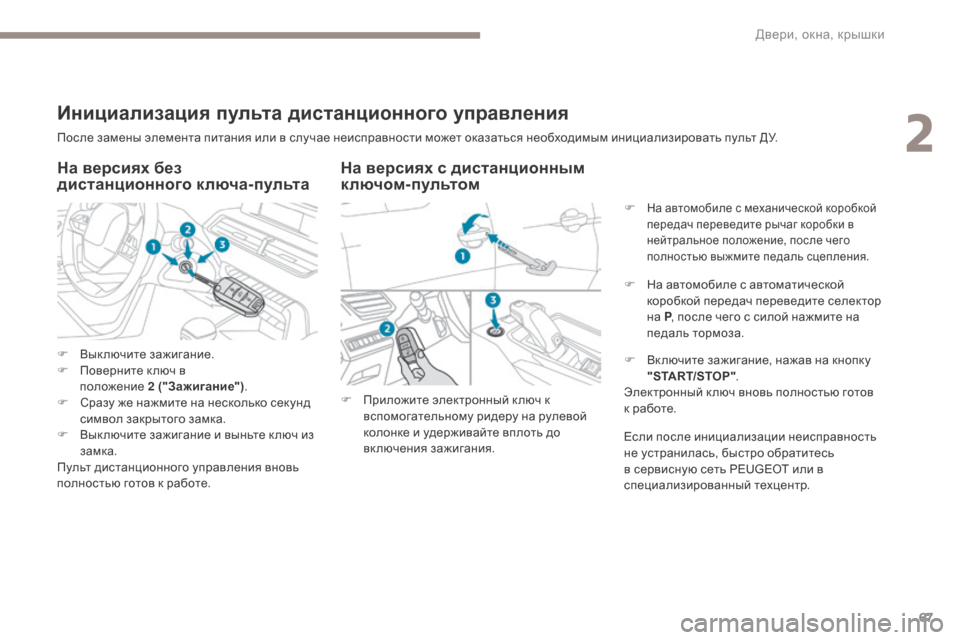 Peugeot 3008 Hybrid 4 2017 Инструкция по эксплуатации (in Russian) 67
3008-2_ru_Chap02_ouvertures_ed01-2016
После замены элемента питания или в случае неисправности может оказаться необходимым Peugeot 3008 Hybrid 4 2017 Инструкция по эксплуатации (in Russian) 67
3008-2_ru_Chap02_ouvertures_ed01-2016
После замены элемента питания или в случае неисправности может оказаться необходимым