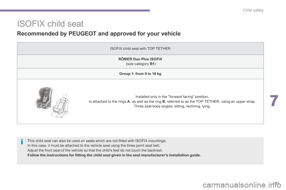 Peugeot 3008 Hybrid 4 2014  Owners Manual 7
Child safety147
                 ISOFIX child seat 
  Recommended by PEUGEOT and approved for your vehicle  
 ISOFIX child seat with TOP TETHER 
RÖMER    Duo Plus ISOFIX      (size category  B1 )  