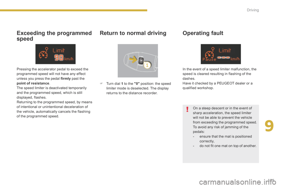 Peugeot 3008 Hybrid 4 2014 Owners Manual 9
175
Driving
Exceeding the programmed
speed
Return to normal driving Operating fault
On a steep descent or in the event of sharp acceleration, the speed limiter will not be able to prev Peugeot 3008 Hybrid 4 2014 Owners Manual 9
175
Driving
Exceeding the programmed
speed
Return to normal driving Operating fault
On a steep descent or in the event of sharp acceleration, the speed limiter will not be able to prev