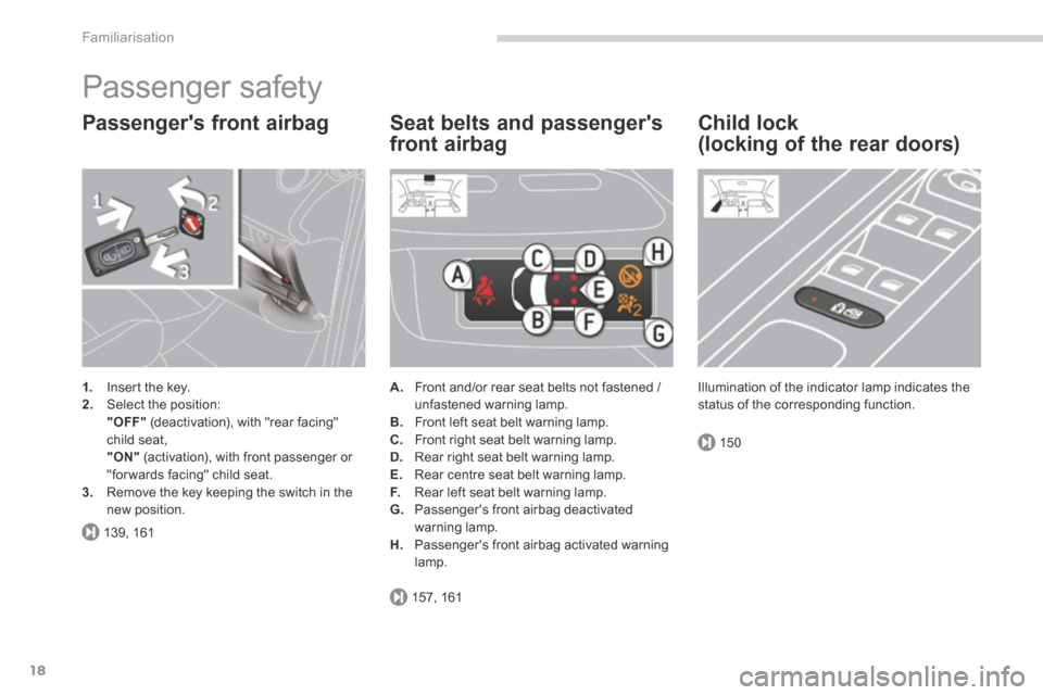 Peugeot 3008 Hybrid 4 2014  Owners Manual 139, 161
157, 161
150
Familiarisation
18
 Passenger  safety 
  Passengers  front  airbag 
1.   Insert the key. 2.   Select  the  position:    "OFF"  (deactivation), with "rear facing" child  seat,   