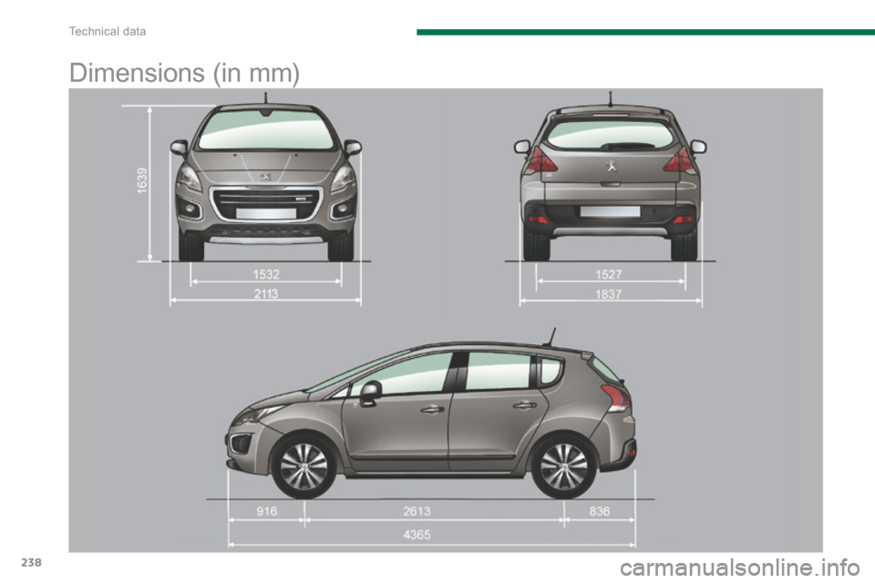 Peugeot 3008 Hybrid 4 2014  Owners Manual Technical data
238
      
Dimensions (in mm)  