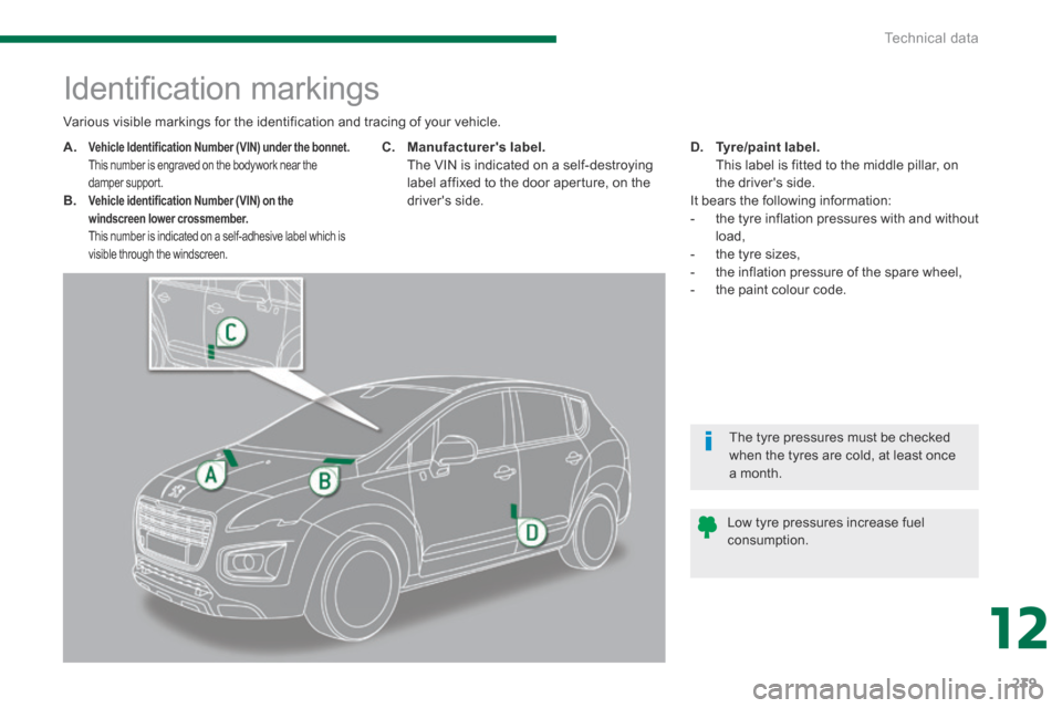 Peugeot 3008 Hybrid 4 2014  Owners Manual 12
Technical data239
                        Identiﬁ cation markings 
A.Vehicle Identification Number (VIN) under the bonnet.       This number is engraved on the bodywork near the damper support. B