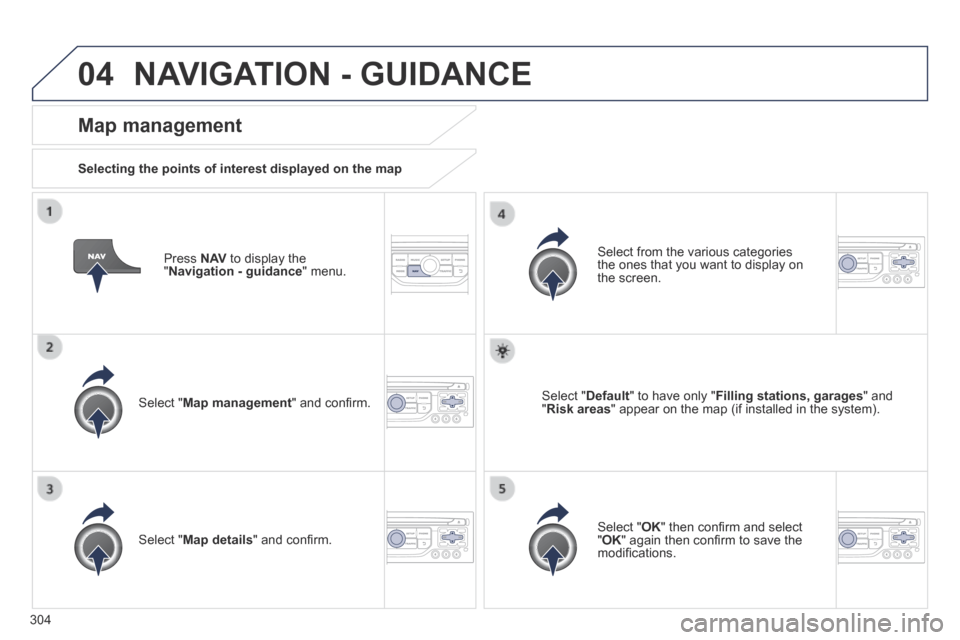 Peugeot 3008 Hybrid 4 2014  Owners Manual 04
304
  Press   N AV  to display the " Navigation - guidance "  menu.  
  Map  management 
  Selecting the points of interest displayed on the map  
  Select  " Map management " and conﬁ rm.  
  Se