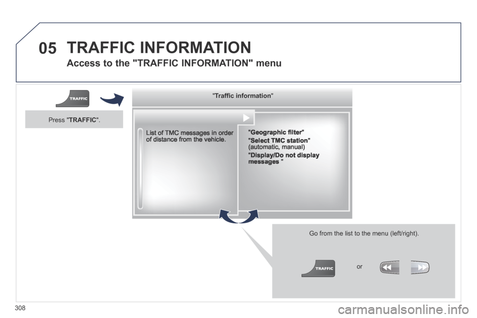Peugeot 3008 Hybrid 4 2014  Owners Manual 05
308
  Access to the "TRAFFIC INFORMATION" menu 
  List of TMC messages in order of distance from the vehicle.  
  Go from the list to the menu (left/right). 
  "   "   "   "   "   "   "   "   "   "
