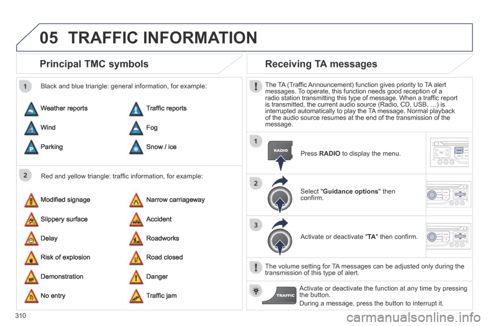 Peugeot 3008 Hybrid 4 2014 Owners Manual 05
310
Principal TMC symbols
Red and yellow triangle: traffi c information, for example:
Black and blue triangle: general information, for example:
Weather reports
Modifi ed signage
Ris Peugeot 3008 Hybrid 4 2014 Owners Manual 05
310
Principal TMC symbols
Red and yellow triangle: traffi c information, for example:
Black and blue triangle: general information, for example:
Weather reports
Modifi ed signage
Ris