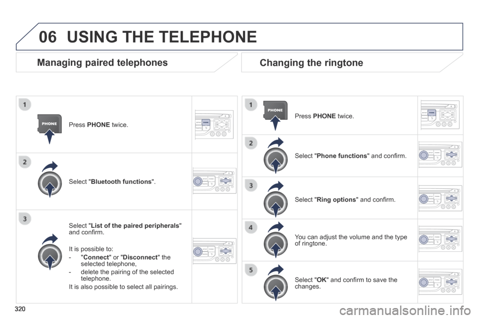 Peugeot 3008 Hybrid 4 2014  Owners Manual 06
320
  Press   PHONE   twice.  
  Select  " List of the paired peripherals " and conﬁ rm.  
  It is possible to: 
   -   " Connect " or " Disconnect "  the selected telephone, 
  -   delete the pa