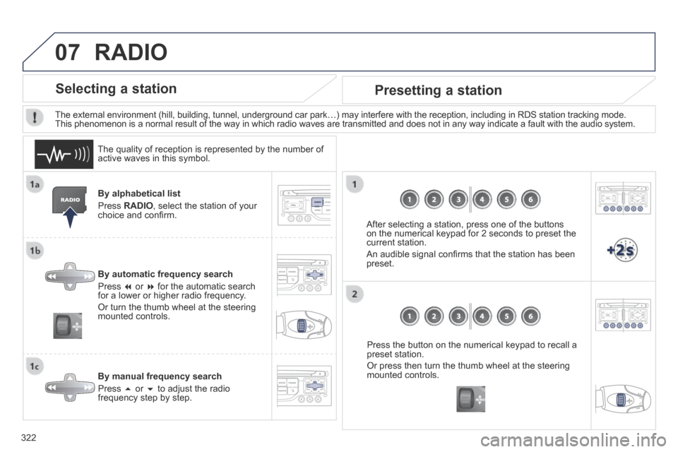 Peugeot 3008 Hybrid 4 2014 Owners Manual 07
322
By alphabetical list
Press RADIO , select the station of your choice and confi rm.
By automatic frequency search
Press or for the automatic search for a lower or hig Peugeot 3008 Hybrid 4 2014 Owners Manual 07
322
By alphabetical list
Press RADIO , select the station of your choice and confi rm.
By automatic frequency search
Press or for the automatic search for a lower or hig