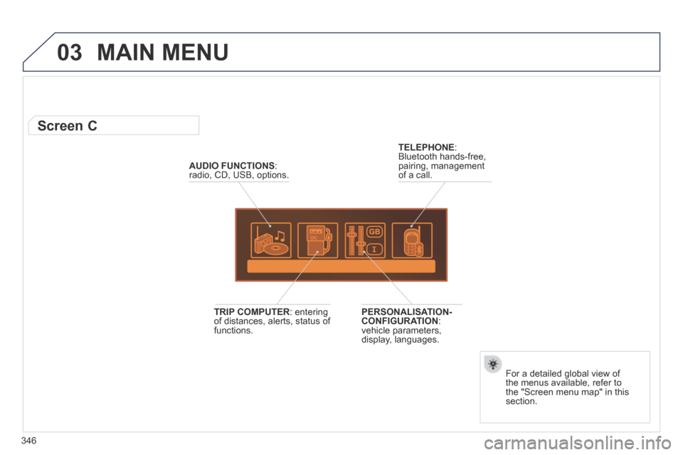 Peugeot 3008 Hybrid 4 2014  Owners Manual 03
346
 MAIN  MENU 
AUDIO FUNCTIONS : radio, CD, USB, options.  
          Screen C 
  For a detailed global view of the menus available, refer to the "Screen menu map" in this section.   
TELEPHONE :