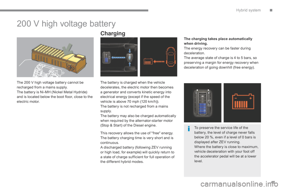 Peugeot 3008 Hybrid 4 2014 Owners Manual .Hybrid system43
200 V high voltage battery
The 200 V high voltage battery cannot be recharged from a mains supply. The battery is Ni-MH (Nickel Metal Hydride) and is located below the bo Peugeot 3008 Hybrid 4 2014 Owners Manual .Hybrid system43
200 V high voltage battery
The 200 V high voltage battery cannot be recharged from a mains supply. The battery is Ni-MH (Nickel Metal Hydride) and is located below the bo
