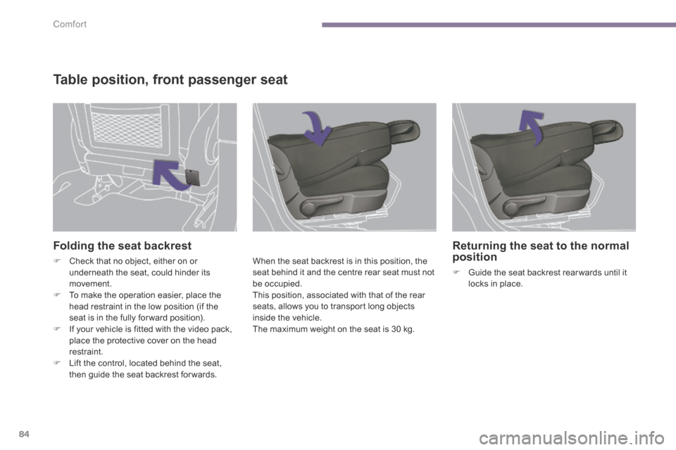 Peugeot 3008 Hybrid 4 2014  Owners Manual Comfort
84
  Folding the seat backrest 
   Check that no object, either on or underneath the seat, could hinder its movement.    To make the operation easier, place the head restraint in the low