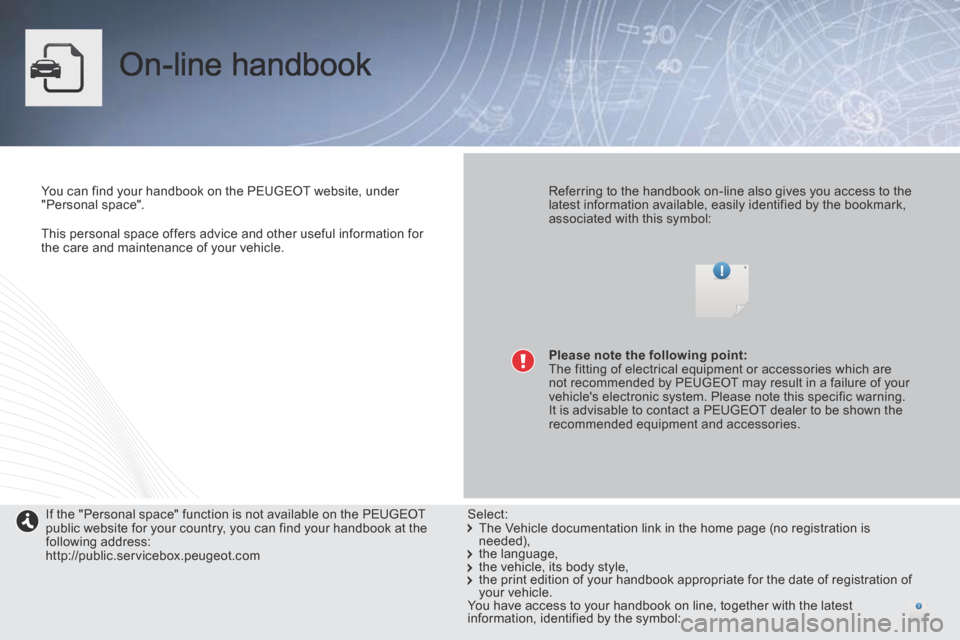 Peugeot 3008 Hybrid 4 2014 Owners Manual - RHD (UK. Australia) This personal space offers advice and other useful information for the care and maintenance of your vehicle.
On-line handbook
You can find your handbook on the PEUGEOT website, under "Pers Peugeot 3008 Hybrid 4 2014 Owners Manual - RHD (UK. Australia) This personal space offers advice and other useful information for the care and maintenance of your vehicle.
On-line handbook
You can find your handbook on the PEUGEOT website, under "Pers