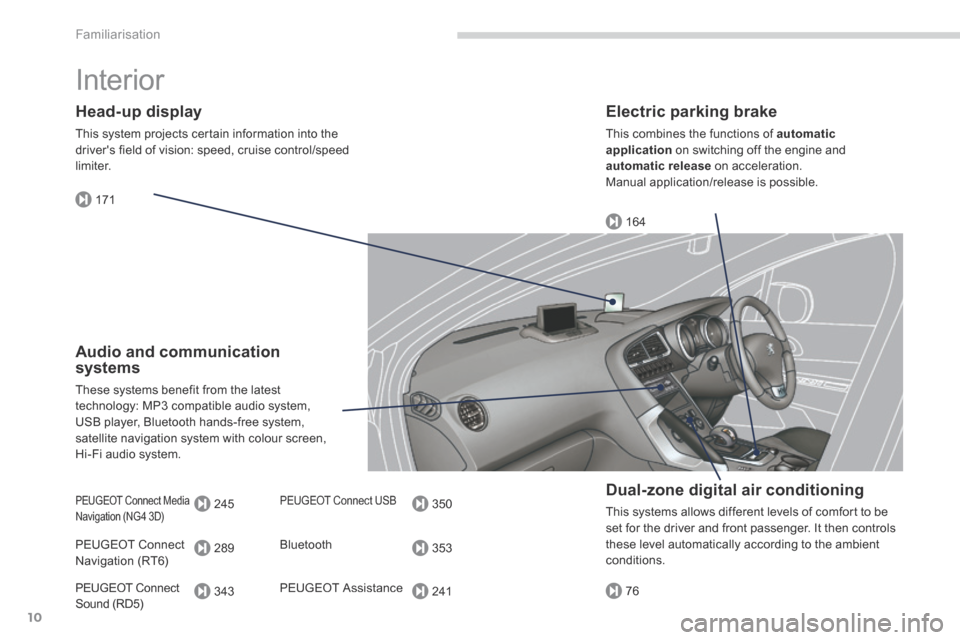 Peugeot 3008 Hybrid 4 2014  Owners Manual - RHD (UK. Australia) 164
171
245
289
343
350
353
24176
Familiarisation
10
 Interior  
  Electric  parking  brake 
 This combines the functions of  automatic application  on switching off the engine and automatic release  