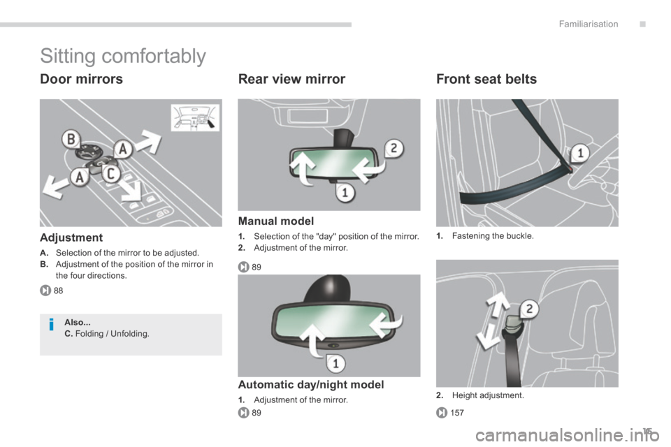 Peugeot 3008 Hybrid 4 2014  Owners Manual - RHD (UK. Australia) .
88
89
15789
Familiarisation15
 Sitting  comfortably 
  Door  mirrors 
  Adjustment 
A.   Selection of the mirror to be adjusted. B.   Adjustment of the position of the mirror in the four directions.