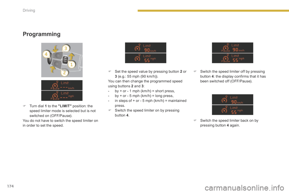 Peugeot 3008 Hybrid 4 2014  Owners Manual - RHD (UK. Australia) 174Driving
  Programming 
   Switch the speed limiter off by pressing button  4 : the display confirms that it has been switched off (OFF/Pause).   
   Switch the speed limiter back on by pressi