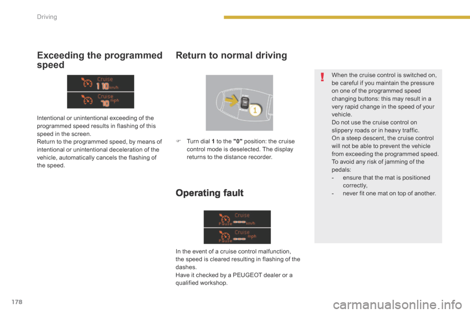 Peugeot 3008 Hybrid 4 2014  Owners Manual - RHD (UK. Australia) 178Driving
  Operating  fault 
  Exceeding  the  programmed 
speed 
  Return to normal driving 
 Intentional or unintentional exceeding of the programmed speed results in flashing of this speed in the
